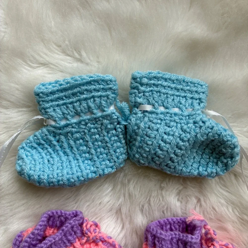 Vintage Handknit Baby Booties Bundle 3 Pairs Blue Pink Purple Crochet Slippers